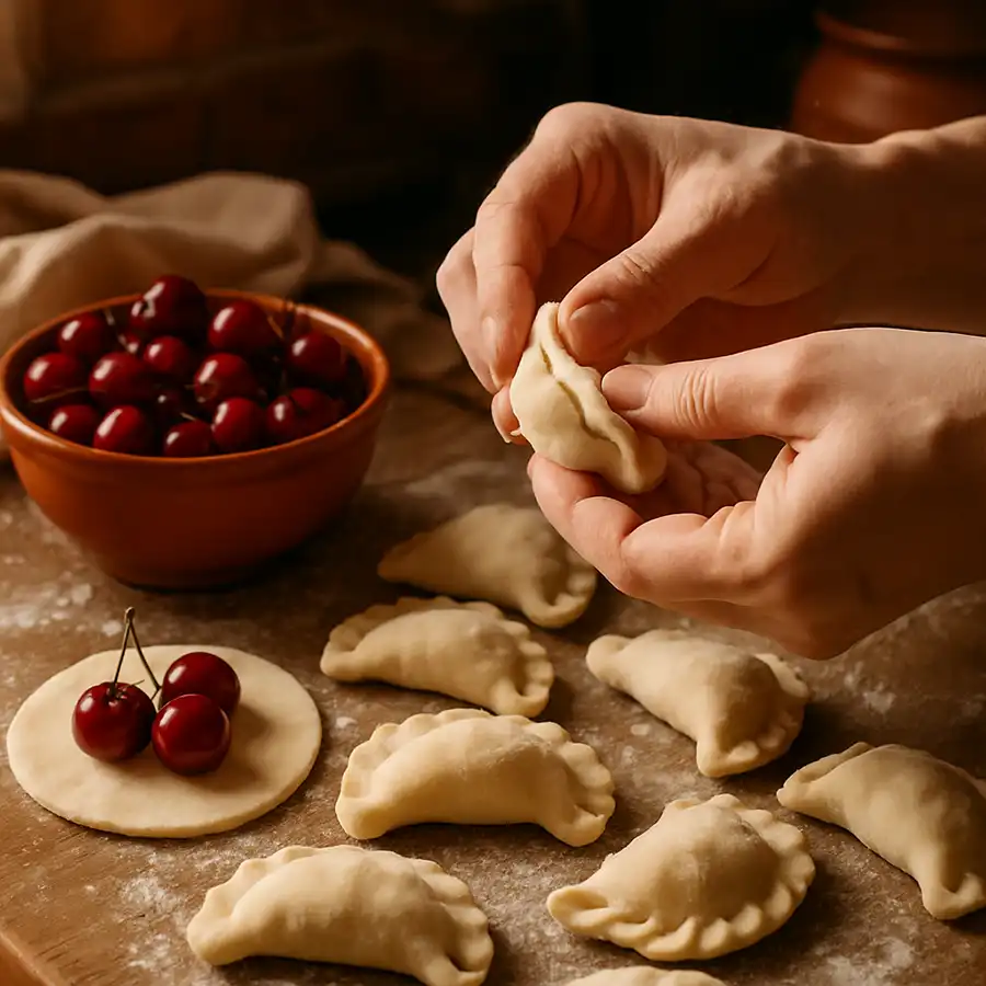 ліпка вареників з вишнями