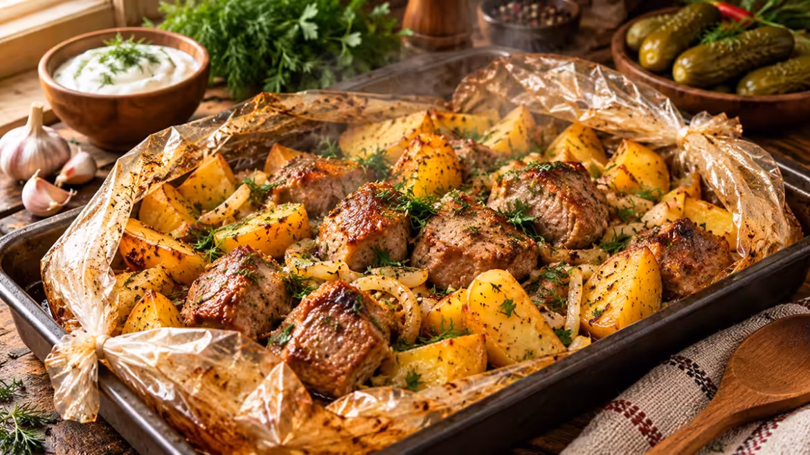 Картопля з мясом в рукаві